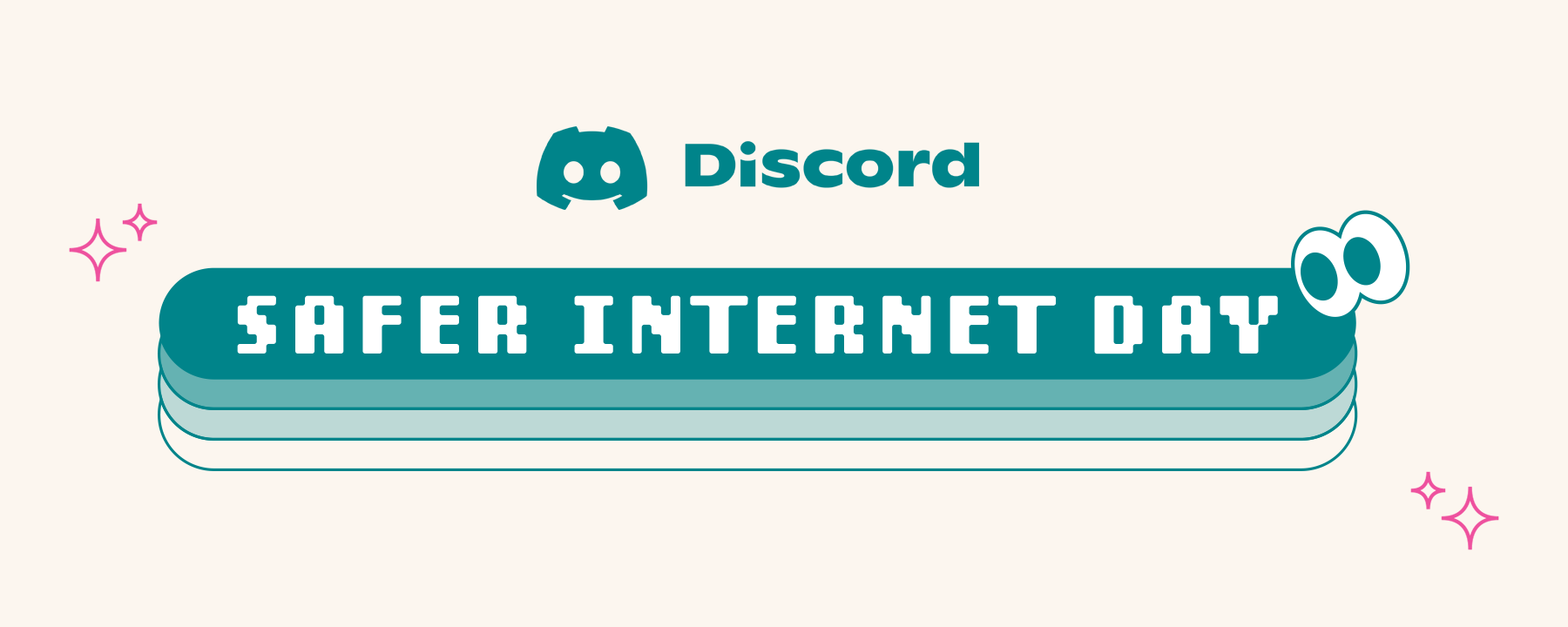 A simple art piece with the words “Safer Internet Day” prominently displayed. The Discord logo is right above it. The eyes emoji appears to the right, looking towards the words shown. 