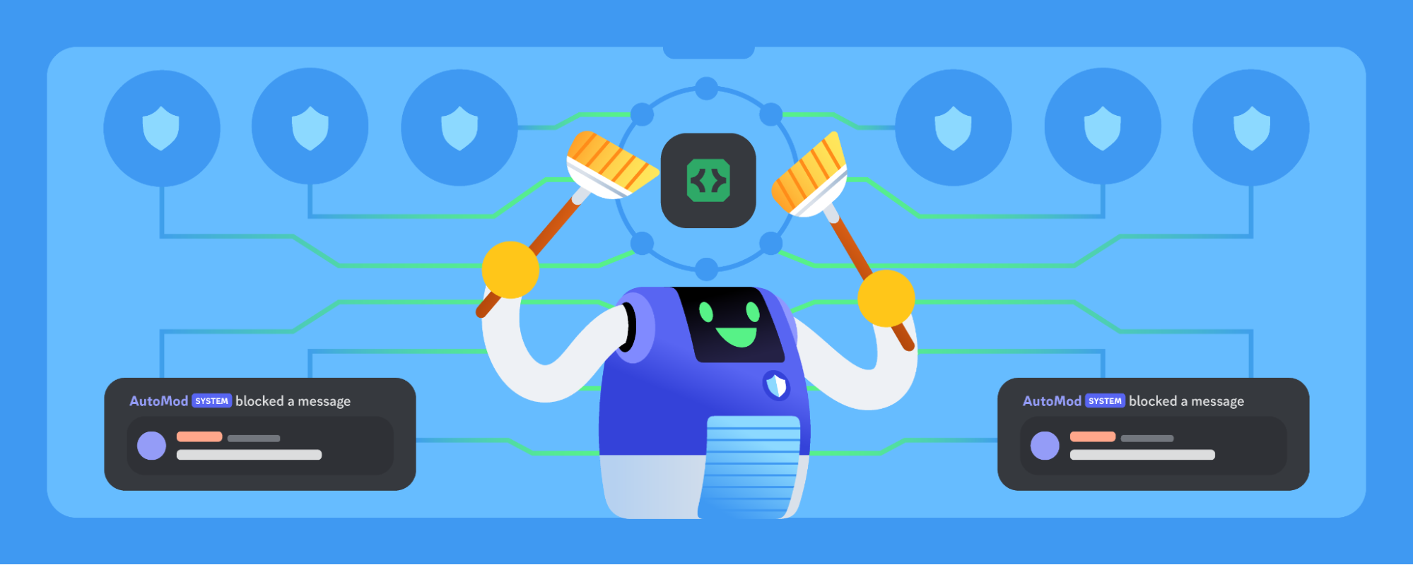 AutoMod doing their thing: blocking messages unsuitable for the community they’re guarding. The Active Developer profile badge hovers over AutoMod.