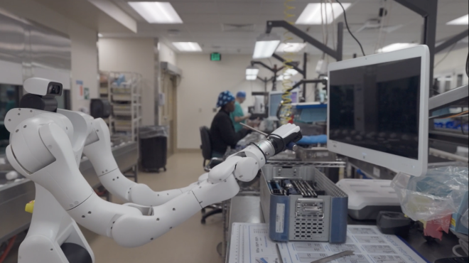 PeritasAI trains a DexMate Humanoid Robot at Advent Health hospital for sterilizing tools at a nursing station