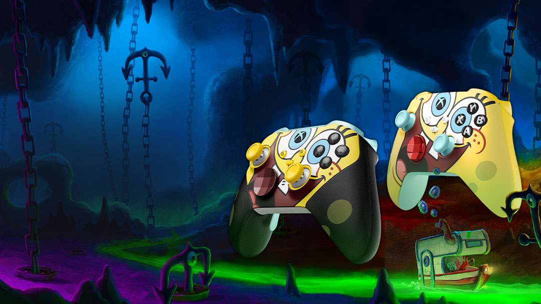 Both SpongeBob SquarePants Limited Edition Xbox Wireless Controller and Xbox Elite Wireless Controller over a dark underwater background from the SpongeBob: Search for SqaurePants movie.